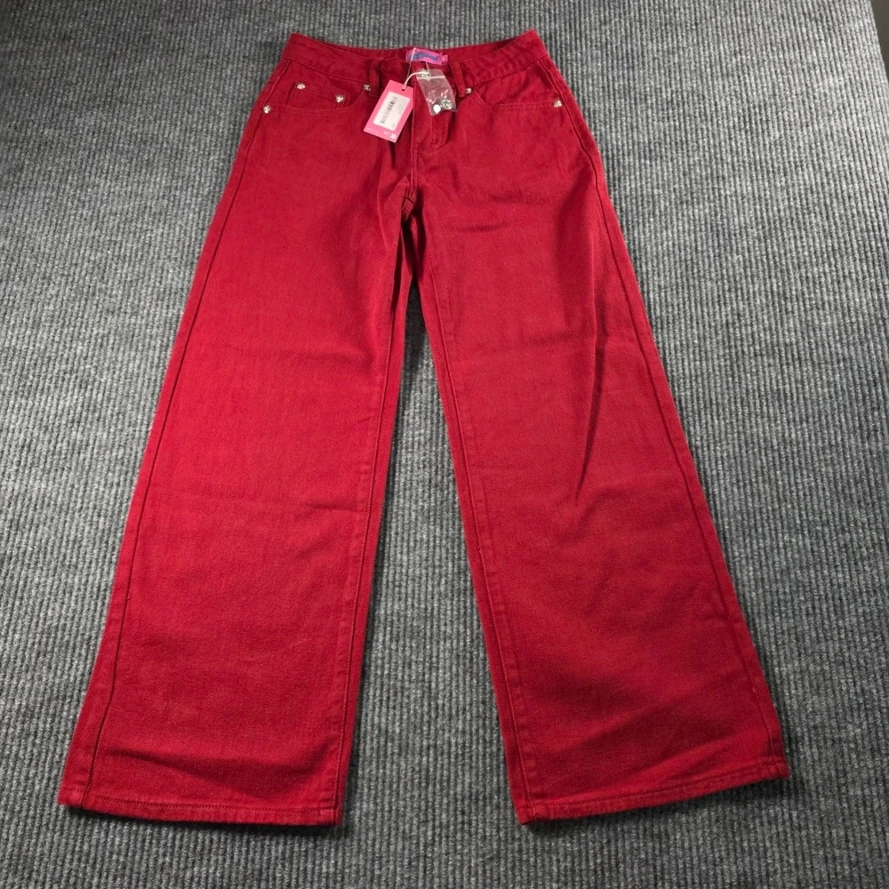 Edikted Red Wide Leg Jeans‎ High Waisted Denim Pants Womens Size XS NWT